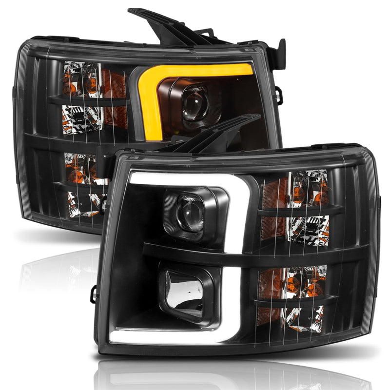 ANZO 07-13 Chevrolet Silverado 1500 Plank Style Projector Headlights Black w/ Amber