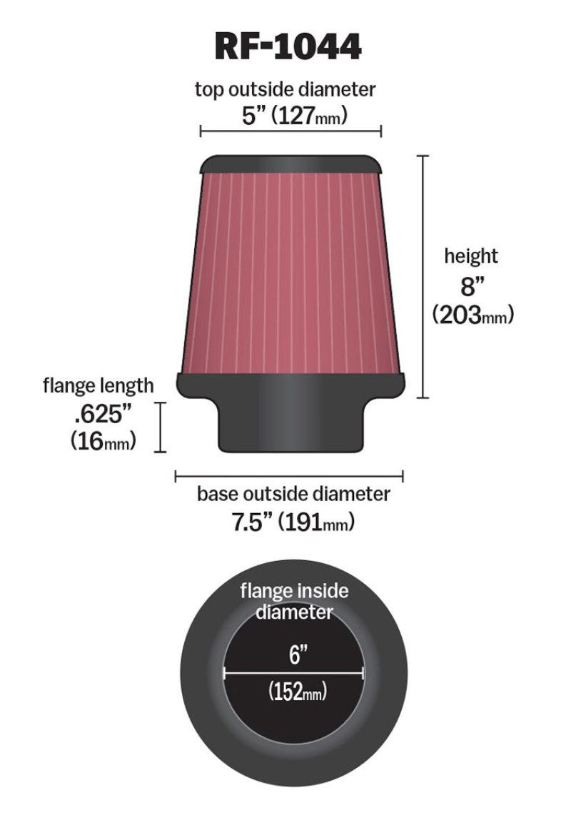 K&N Round Tapered Universal Air Filter 6 inch Flange 7.5 inch Base 5 inch Top 8 inch Height