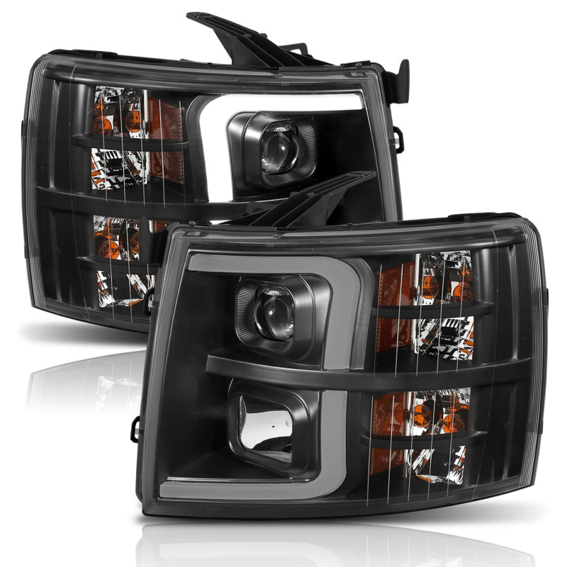 ANZO 07-13 Chevrolet Silverado 1500 Plank Style Projector Headlights Black w/ Amber