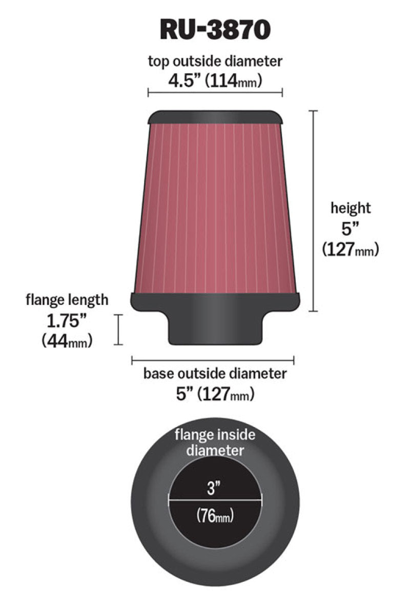 K&N Universal Clamp-On Air Filter 3in FLG / 5in B / 4-1/2in T / 5in H