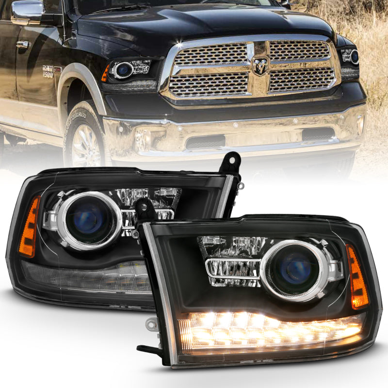 ANZO 2009-2018 Dodge Ram 1500 Projector Headlights Plank Style Halo w/Switchback Matte Black